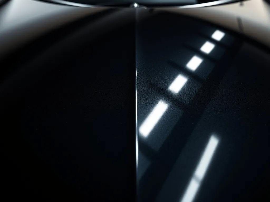 Close up of a dark car hood reflecting studio lights, showin