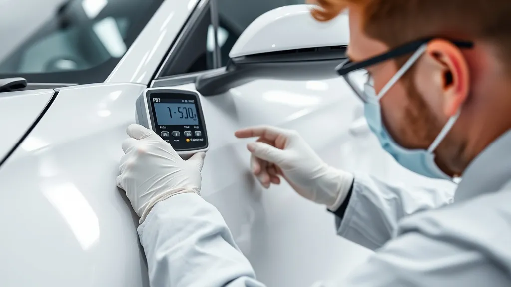 Technician using a gloss meter on a white car panel in a cle
