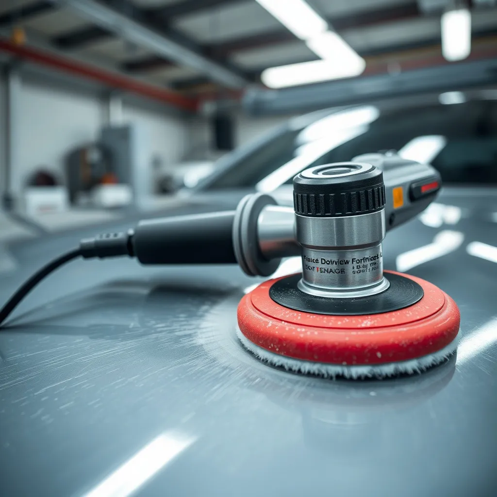 Close-up of a high-tech orbital polisher on a grey car surfa